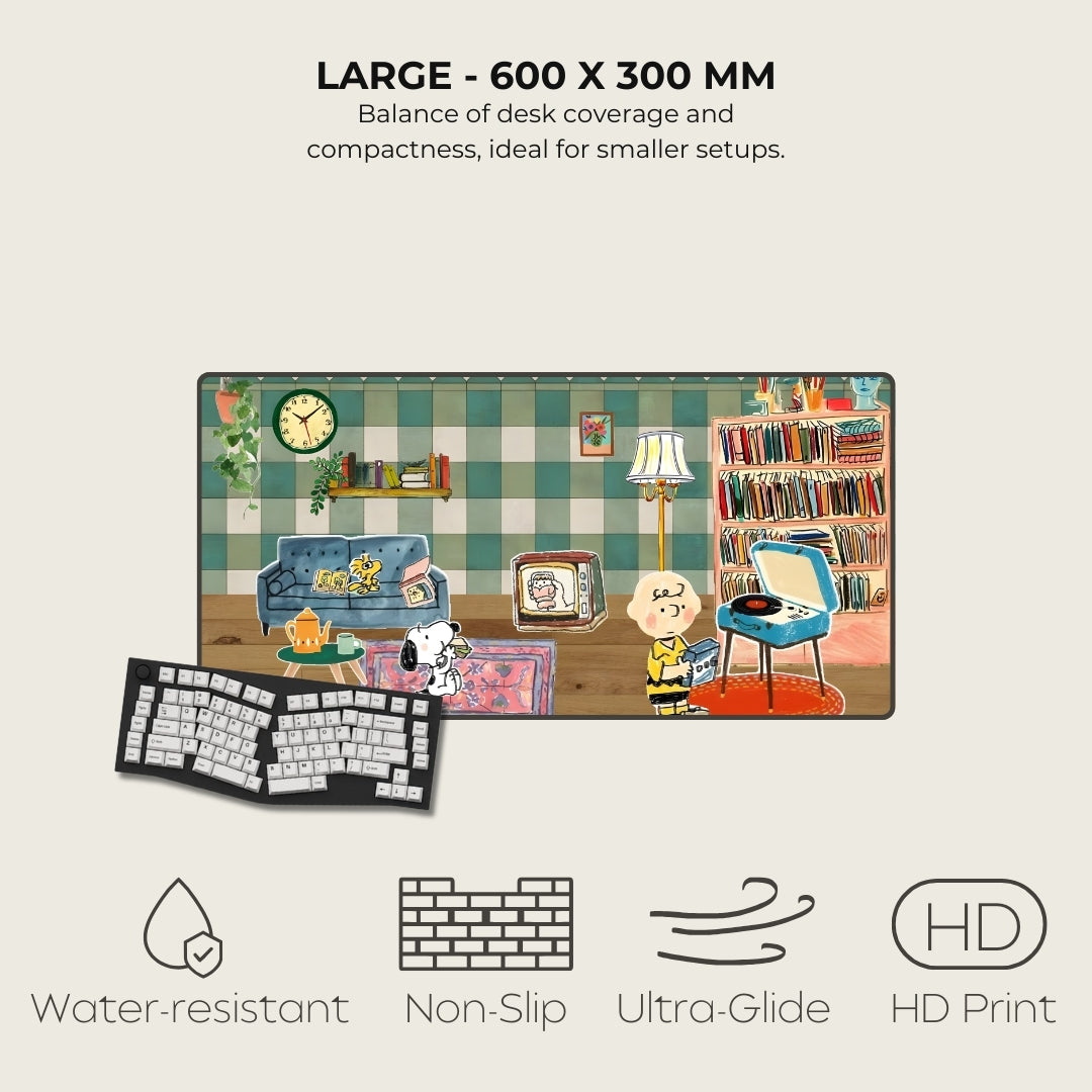 Laptop skin with a room illustration on a light gray background, featuring text and icons about product features.