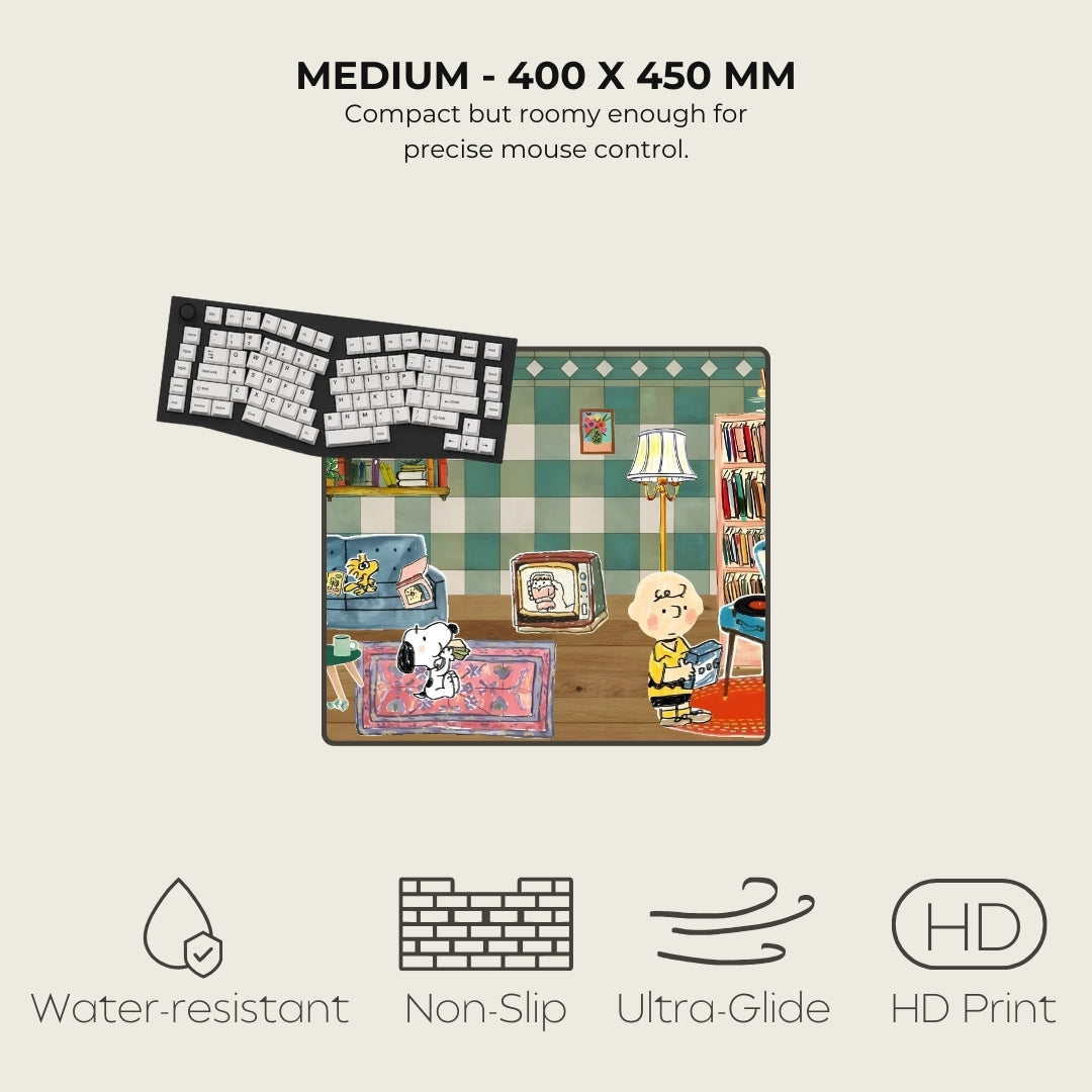 Illustration of a mouse pad with a cartoon design, featuring dimensions, features, and icons.