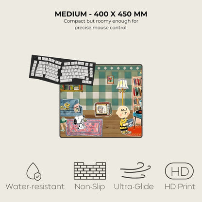 Illustration of a mouse pad with a cartoon design, featuring dimensions, features, and icons.