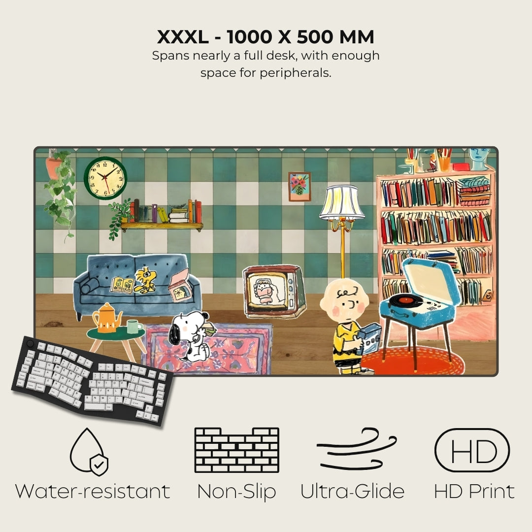 Large desk mat with vintage room design, featuring furniture and decor elements, with text and icons indicating features.