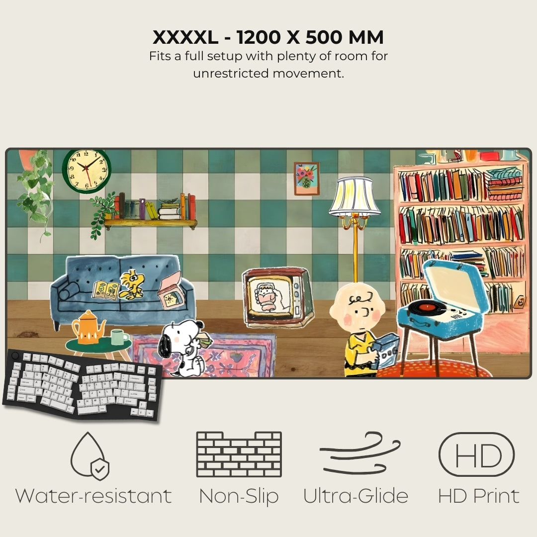 Large mouse pad with a detailed illustration of a living room scene, featuring Snoopy and Woodstock.