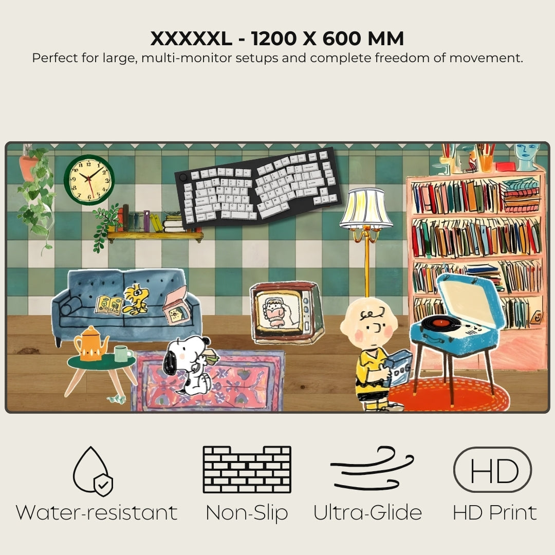 Illustrated desk setup with furniture and decor on a green checkered background