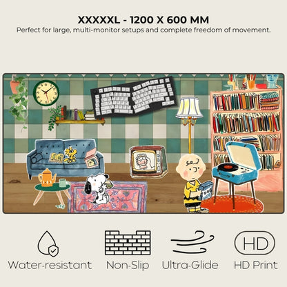 Illustrated desk setup with furniture and decor on a green checkered background