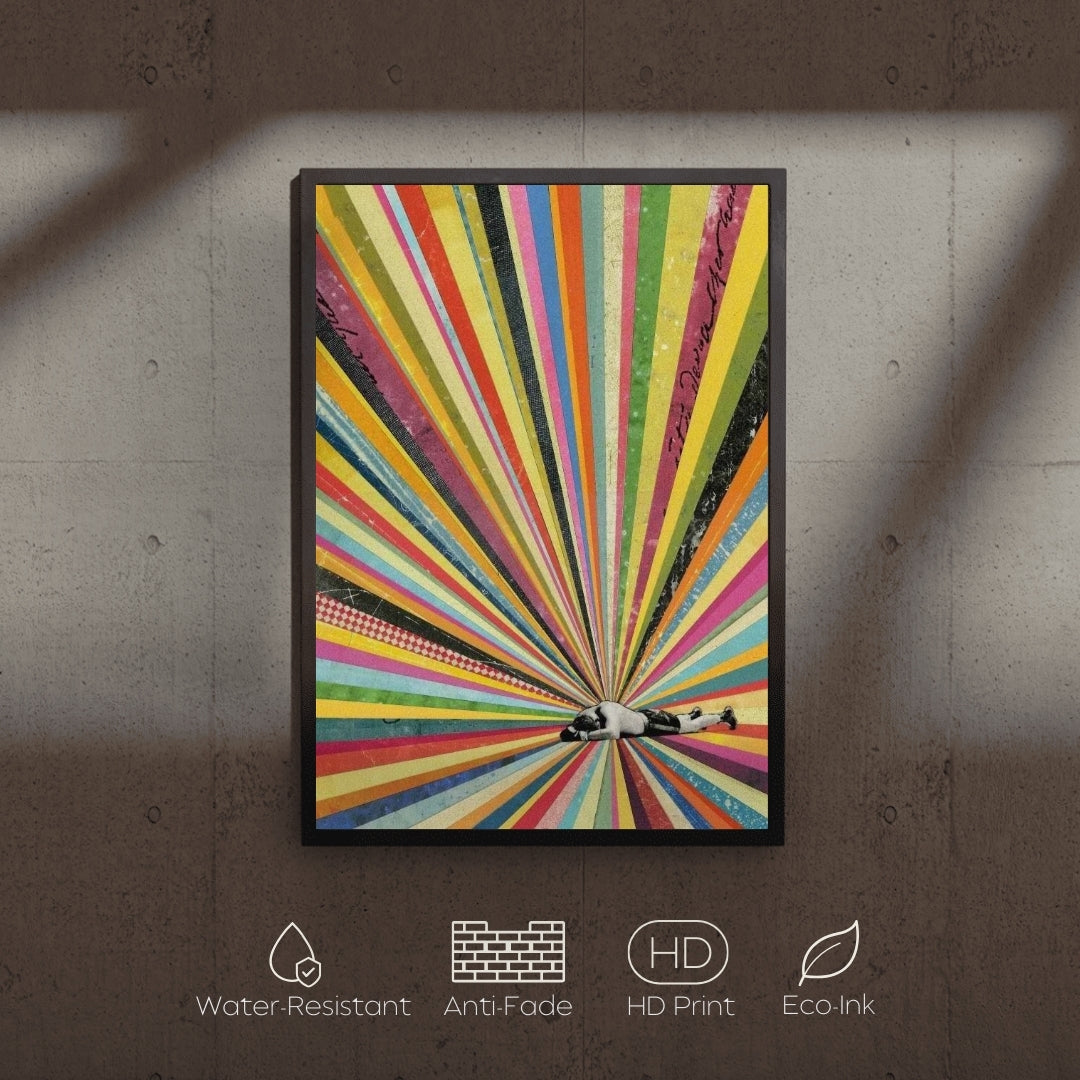 Colorful abstract art print with a black frame on a textured wall.
