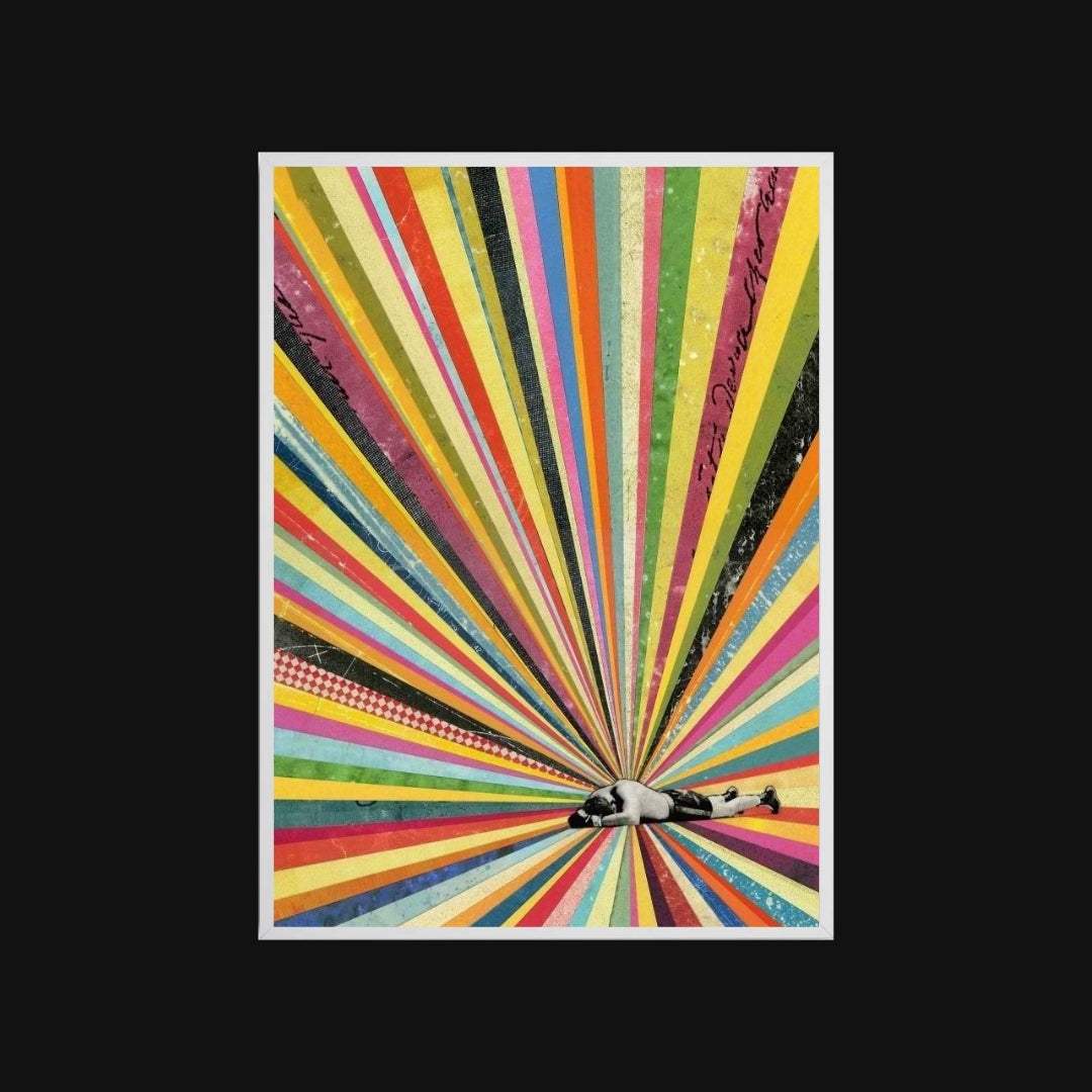 Colorful abstract design with a central figure on a black background