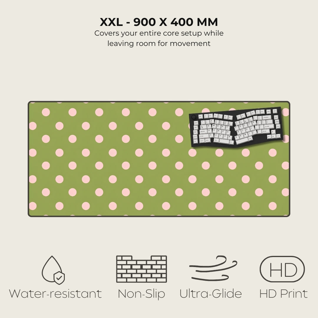 Green and pink polka dot desk mat with keyboard graphic, size XXL 900x400mm, features listed below.
