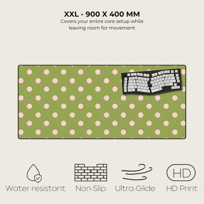 Green and pink polka dot desk mat with keyboard graphic, size XXL 900x400mm, features listed below.