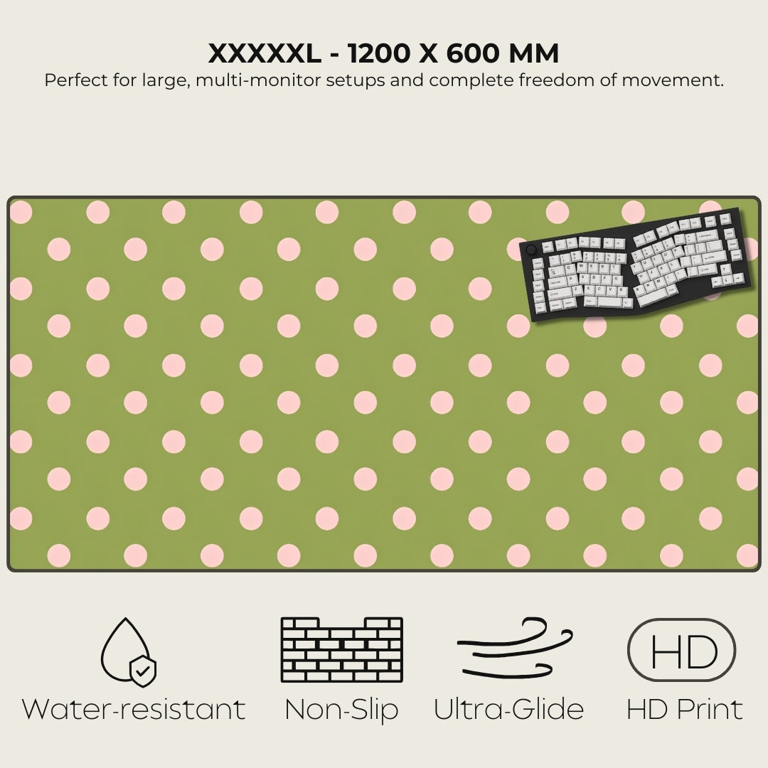 Large desk mat with pink polka dots and keyboard on a green background, featuring text and icons indicating product features.