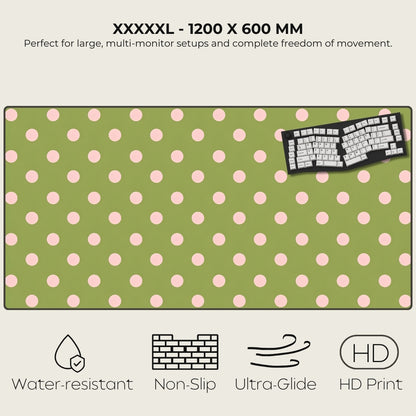 Large desk mat with pink polka dots and keyboard on a green background, featuring text and icons indicating product features.