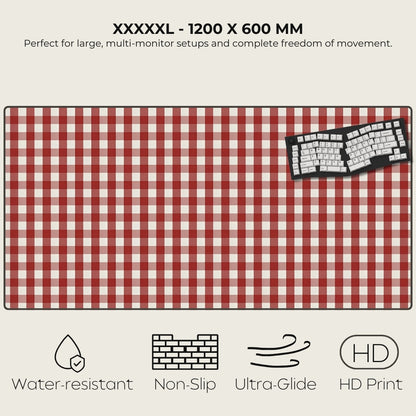 Red and white checkered desk mat with keyboard on a gray background, featuring text and icons about product features.