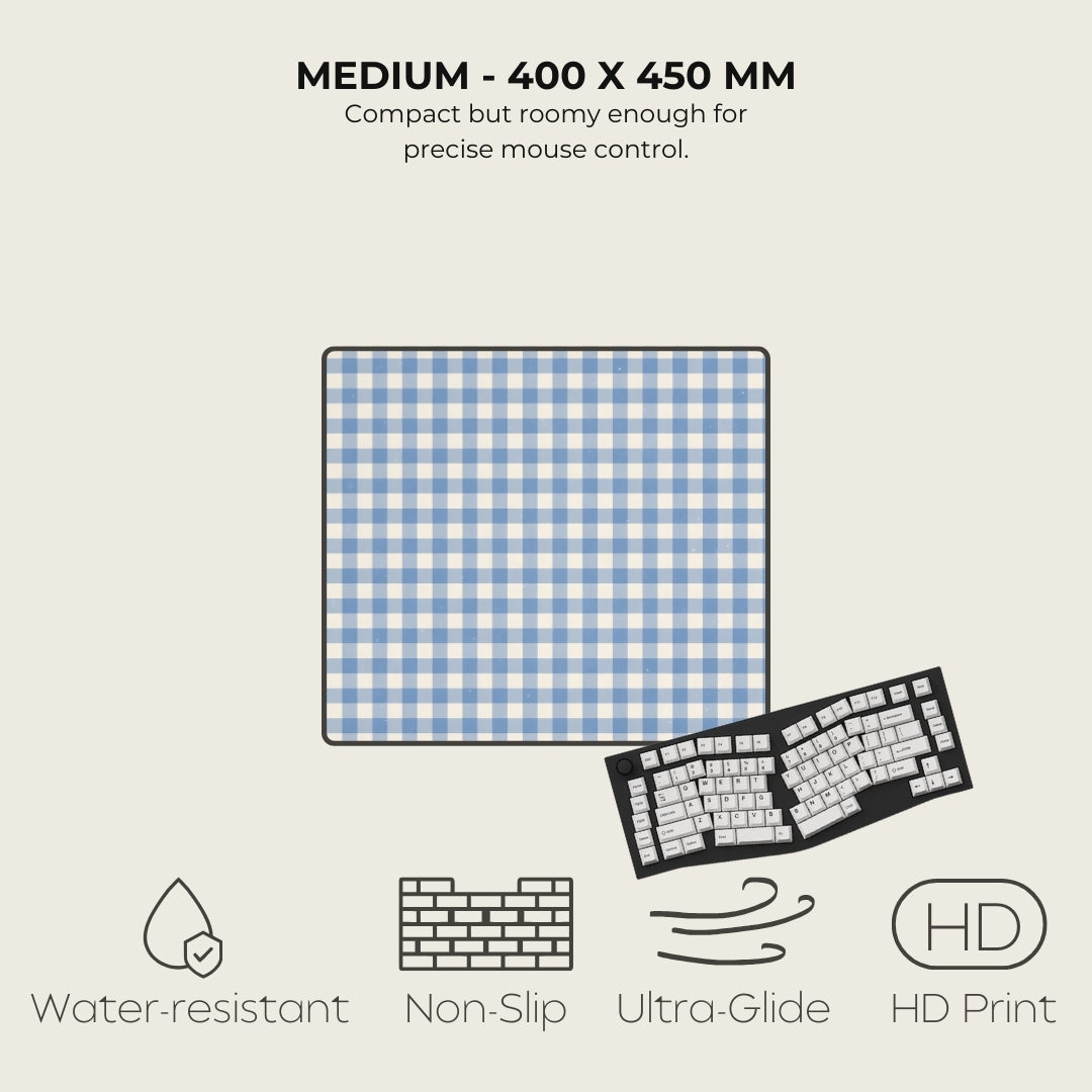 Blue checkered mouse pad with text and icons on a light gray background