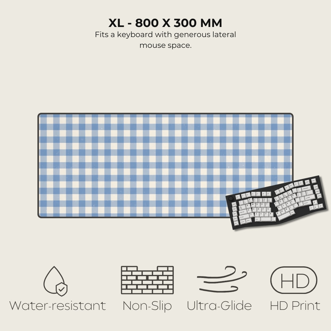 Blue and white checkered mouse pad with text and icons on a beige background