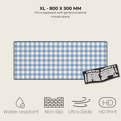 Blue and white checkered mouse pad with text and icons on a beige background