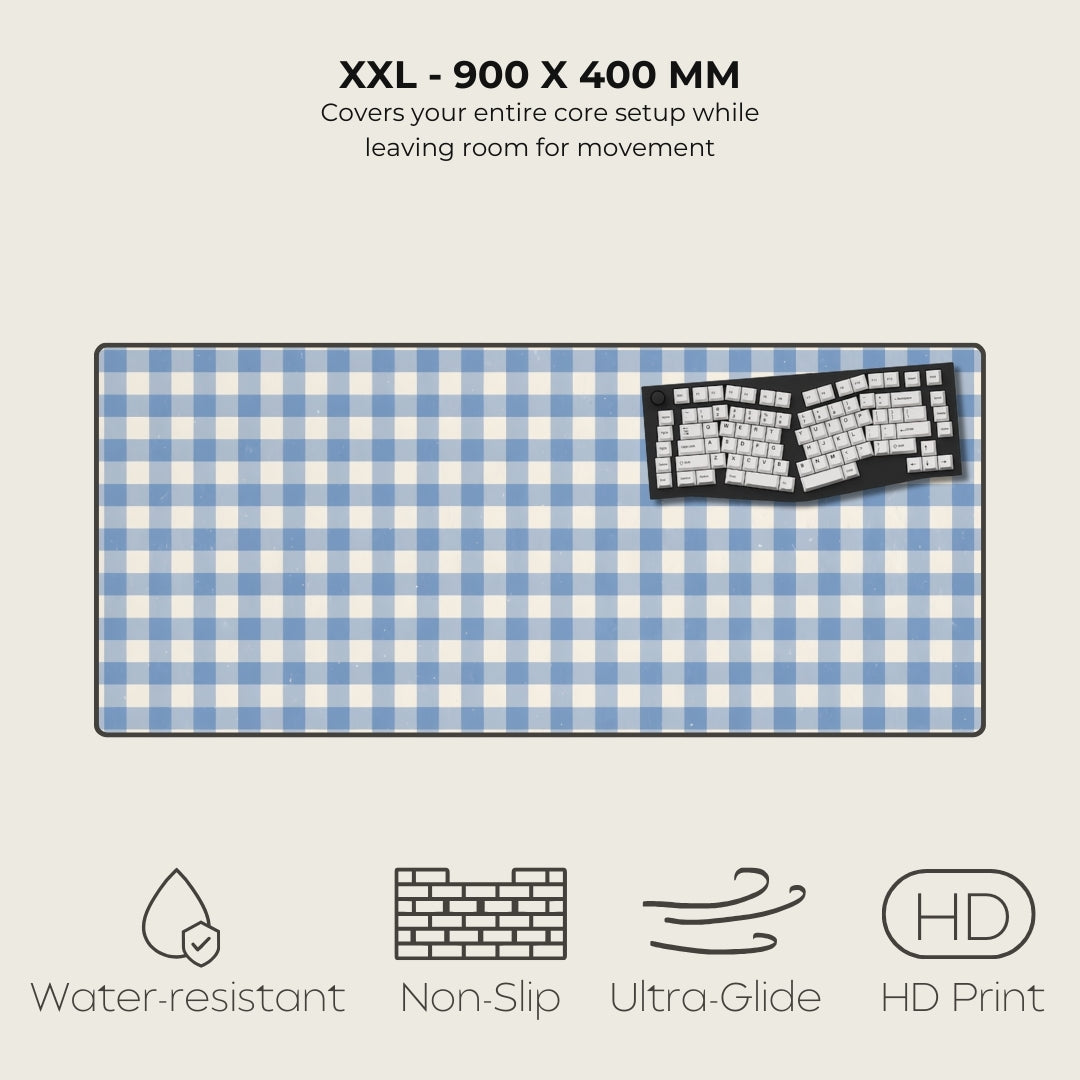 Blue and white checkered mouse pad with text and icons on a light gray background