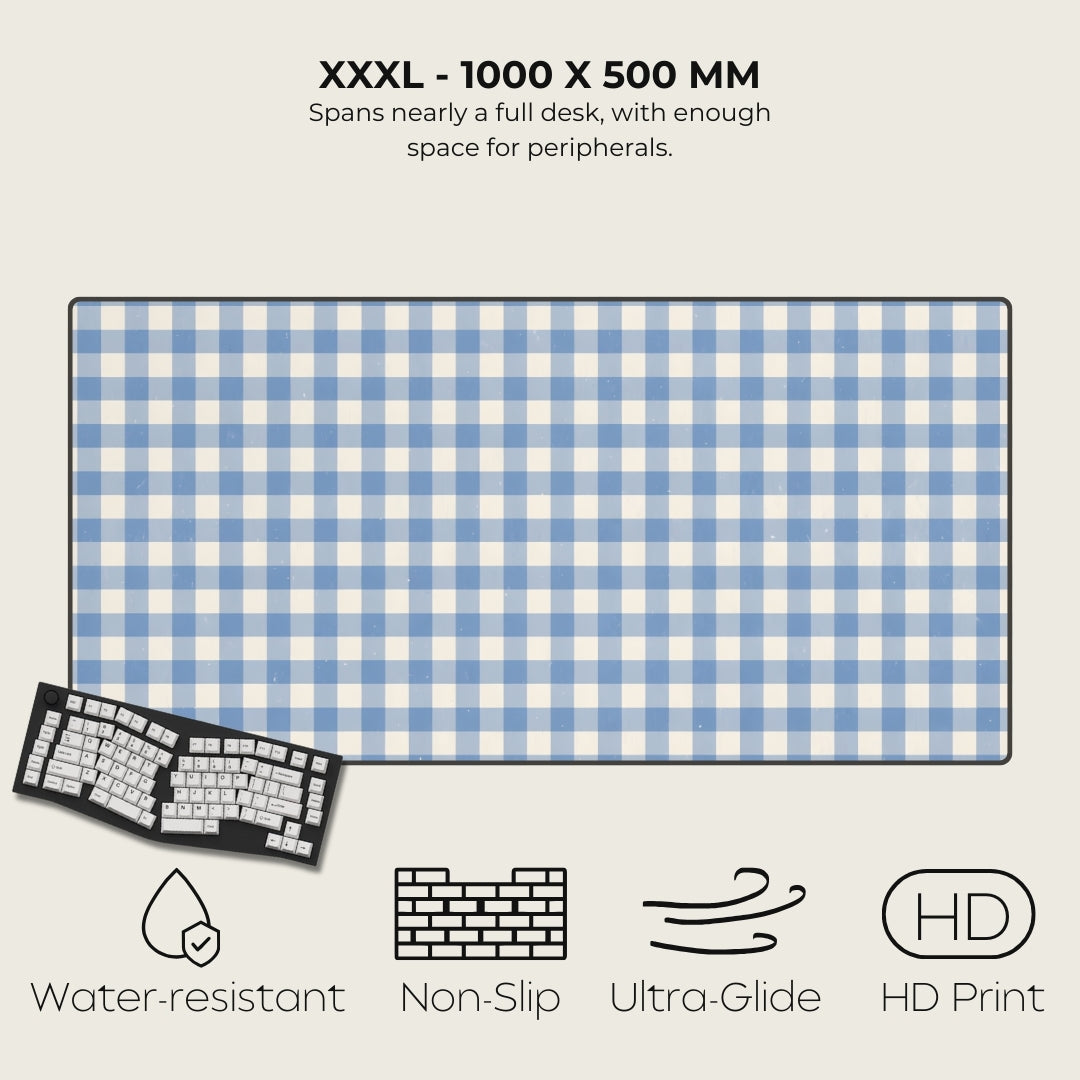 Blue and white checkered desk mat with product features listed on a gray background