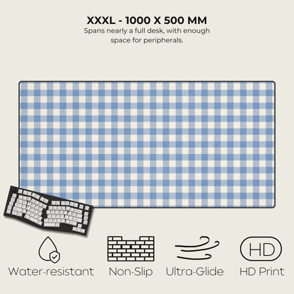 Blue and white checkered desk mat with product features listed on a gray background