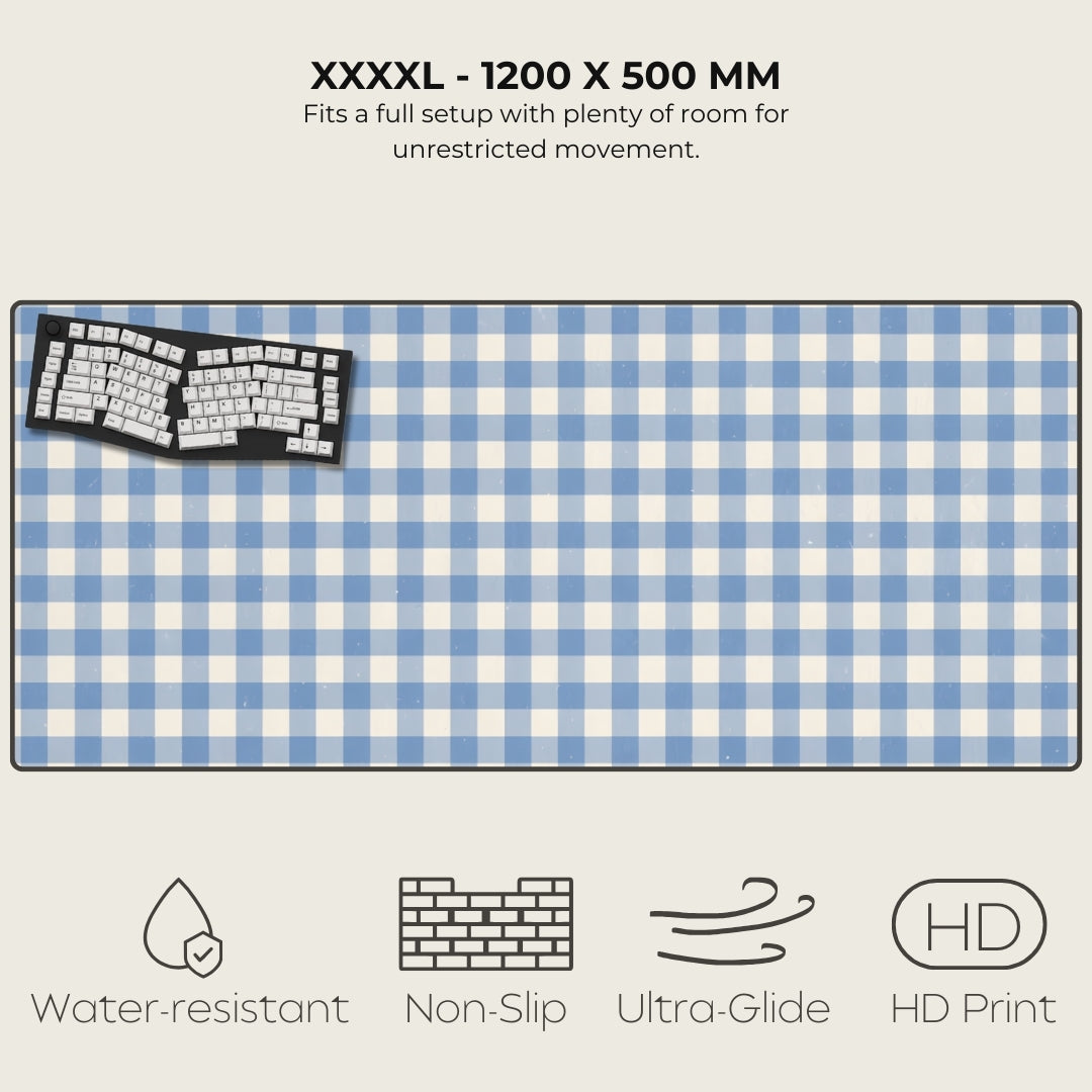 Blue and white checkered desk mat with keyboard on a light gray background, featuring text and icons about product features.