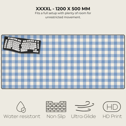 Blue and white checkered desk mat with keyboard on a light gray background, featuring text and icons about product features.