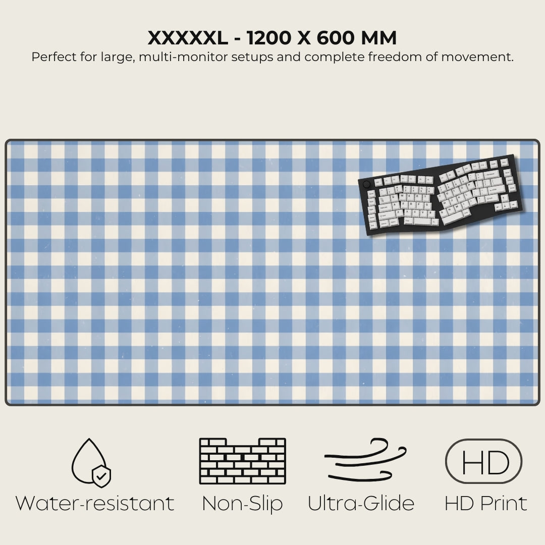 Large blue and white checkered mouse pad with text and icons indicating features.