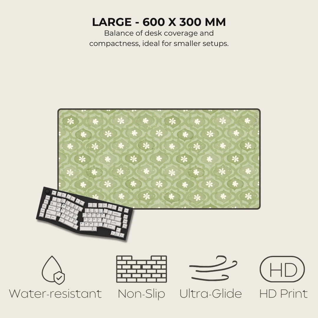 Green patterned desk mat with keyboard on a beige background, featuring text and icons about product features.