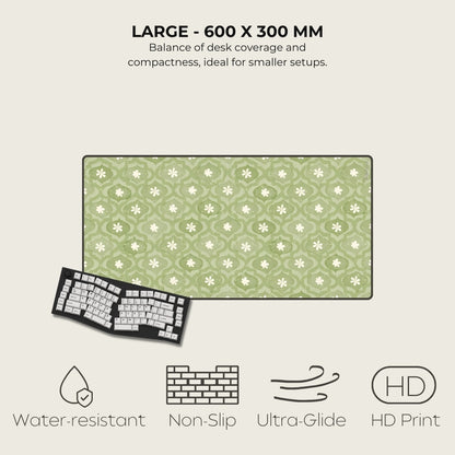 Green patterned desk mat with keyboard on a beige background, featuring text and icons about product features.