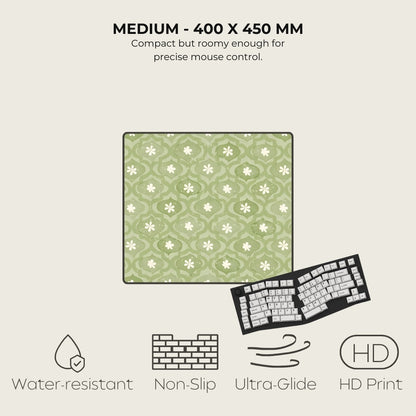 Green patterned mouse pad with keyboard on a beige background, featuring text and icons about product features.