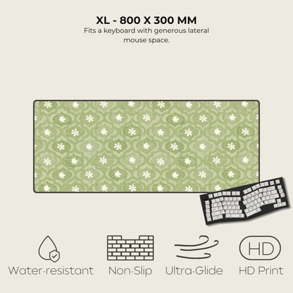 Green patterned mouse pad with keyboard on a beige background