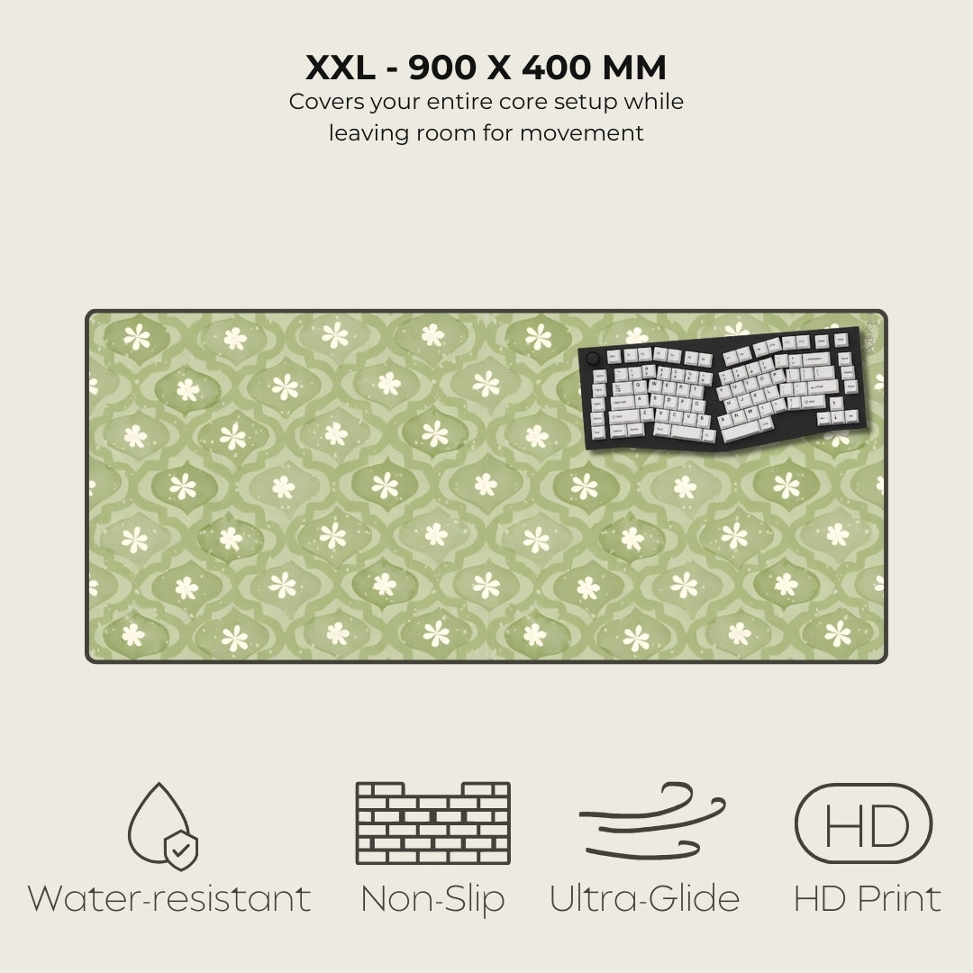 Green patterned keyboard mat with text and icons on a beige background