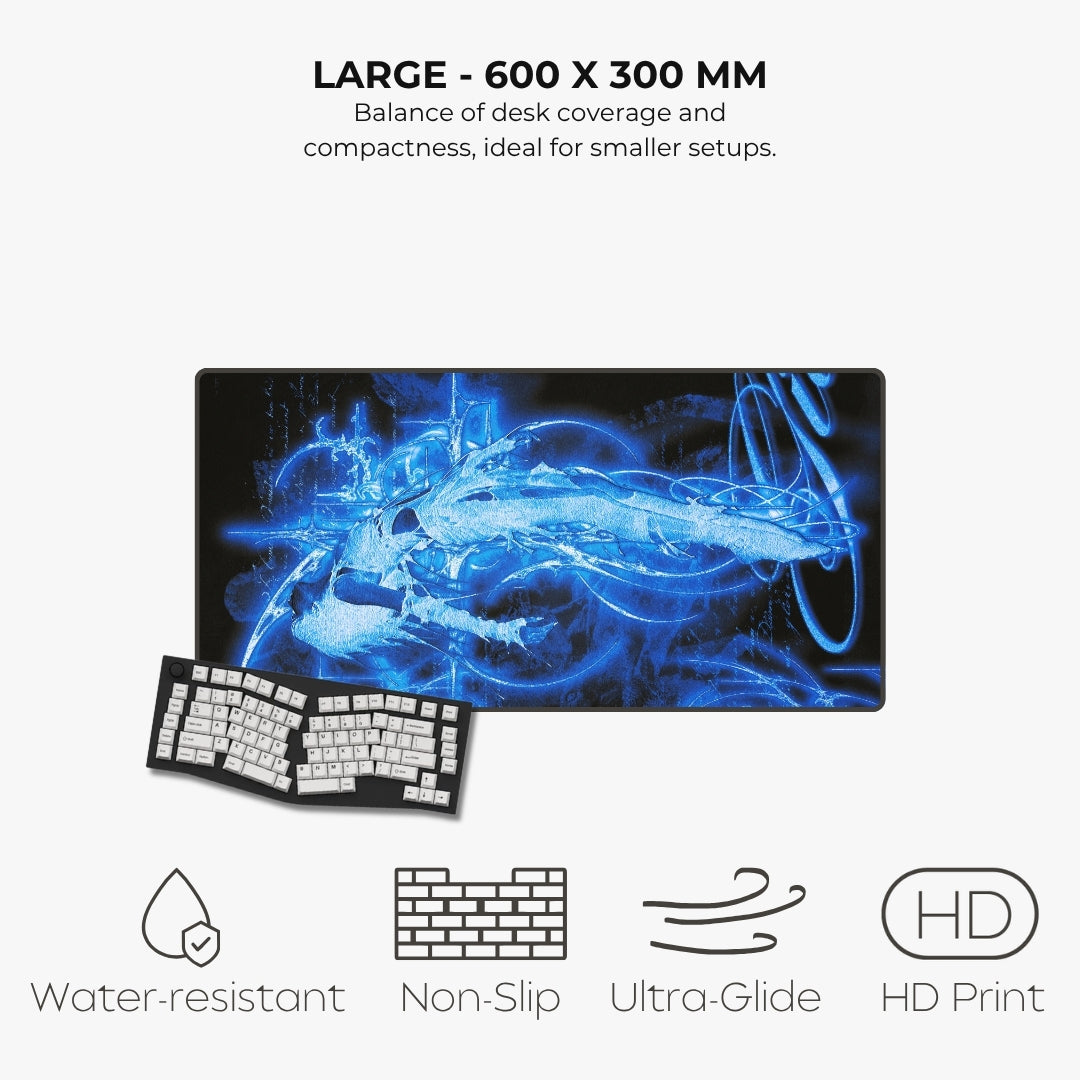 Listing for a large rectangular gaming desk mat with a glowing blue abstract design, shown with a keyboard on a light gray background. Text at the top reads 'LARGE - 600 X 300 MM' and the bottom features feature icons for water-resistant, non-slip, ultra-glide, and HD print.