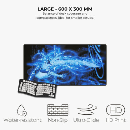 Listing for a large rectangular gaming desk mat with a glowing blue abstract design, shown with a keyboard on a light gray background. Text at the top reads 'LARGE - 600 X 300 MM' and the bottom features feature icons for water-resistant, non-slip, ultra-glide, and HD print.