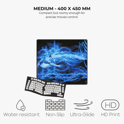 Listing for a mouse pad with a vibrant blue and black abstract graphic, shown with a keyboard and text highlighting its features: 'MEDIUM - 400 X 450 MM', 'Compact but roomy enough for precise mouse control.', 'Water-resistant', 'Non-Slip', 'Ultra-Glide', and 'HD Print'.
