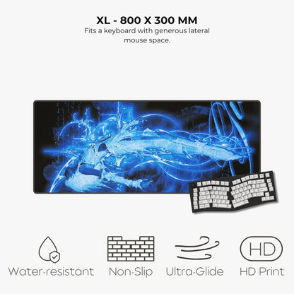 Listing for a large rectangular gaming desk mat with a glowing blue abstract design on a black background, shown with a keyboard and text reading 'XL - 800 X 300 MM' plus feature icons for water-resistant, non-slip, ultra-glide, and HD print.