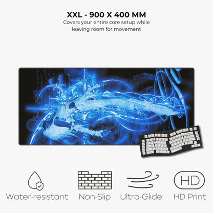 Listing for a large XXL gaming desk mat with a blue glowing dragon design, shown with a keyboard on a light gray background. Text at the top reads 'XXL - 900 X 400 MM' and the bottom features feature icons for water-resistant, non-slip, ultra-glide, and HD print.