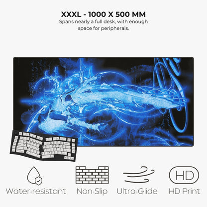 Listing for a large XXXL gaming desk mat shown on a white background with text reading 'XXXL - 1000 X 500 MM' and feature icons for water resistance, non-slip, ultra glide, and HD print. The desk mat has a dark background with glowing blue abstract artwork and a keyboard placed on top to demonstrate scale.
