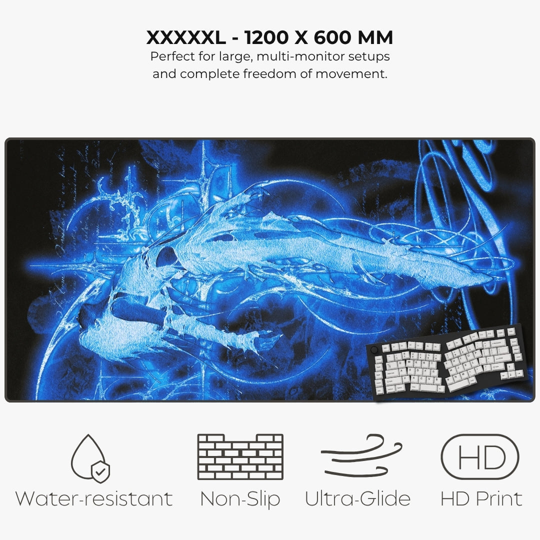A large XXXXXL gaming mouse pad with a glowing blue dragon graphic, shown on a light gray background with text highlighting its 1200 x 600 mm size and features like water resistance, non-slip technology, and ultra-Glide surface.