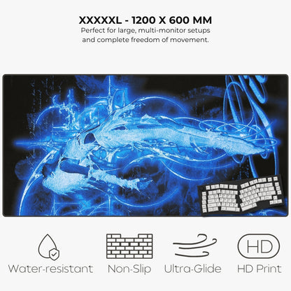 A large XXXXXL gaming mouse pad with a glowing blue dragon graphic, shown on a light gray background with text highlighting its 1200 x 600 mm size and features like water resistance, non-slip technology, and ultra-Glide surface.