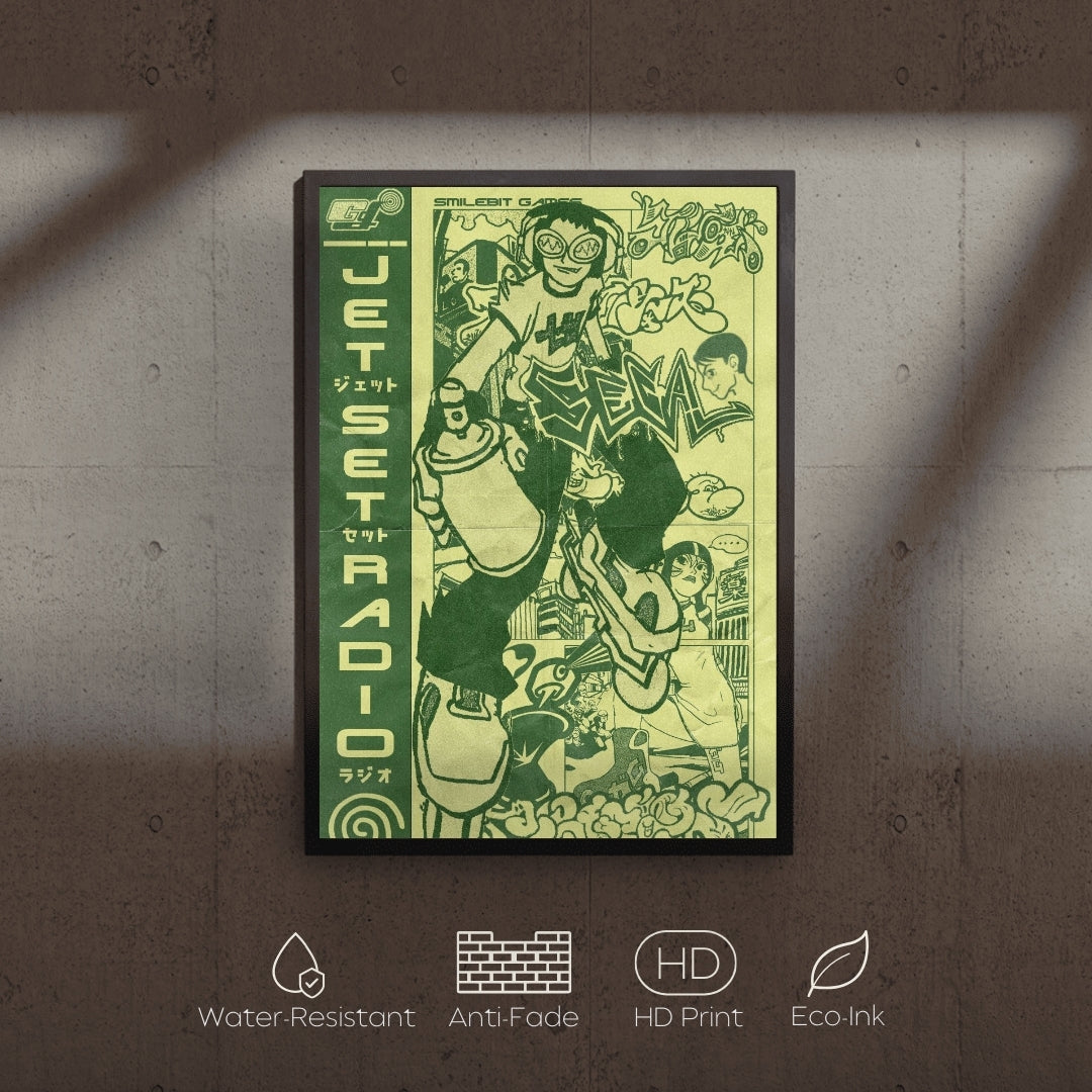 Framed poster with a character design on a textured wall, featuring water-resistant, anti-fade, HD print, and eco-ink icons below.