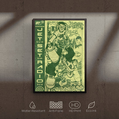 Framed poster with a character design on a textured wall, featuring water-resistant, anti-fade, HD print, and eco-ink icons below.