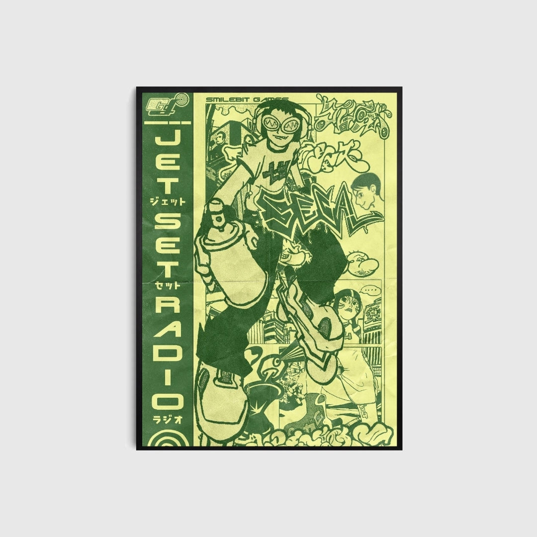 Poster of 'Jets Set Radio' with stylized text and graphics on a light gray background