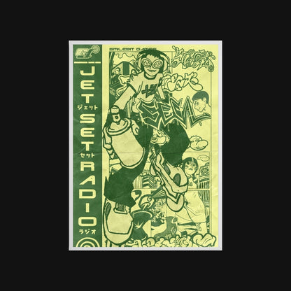 Poster of Jet Set Radio with characters and text on a green and yellow background