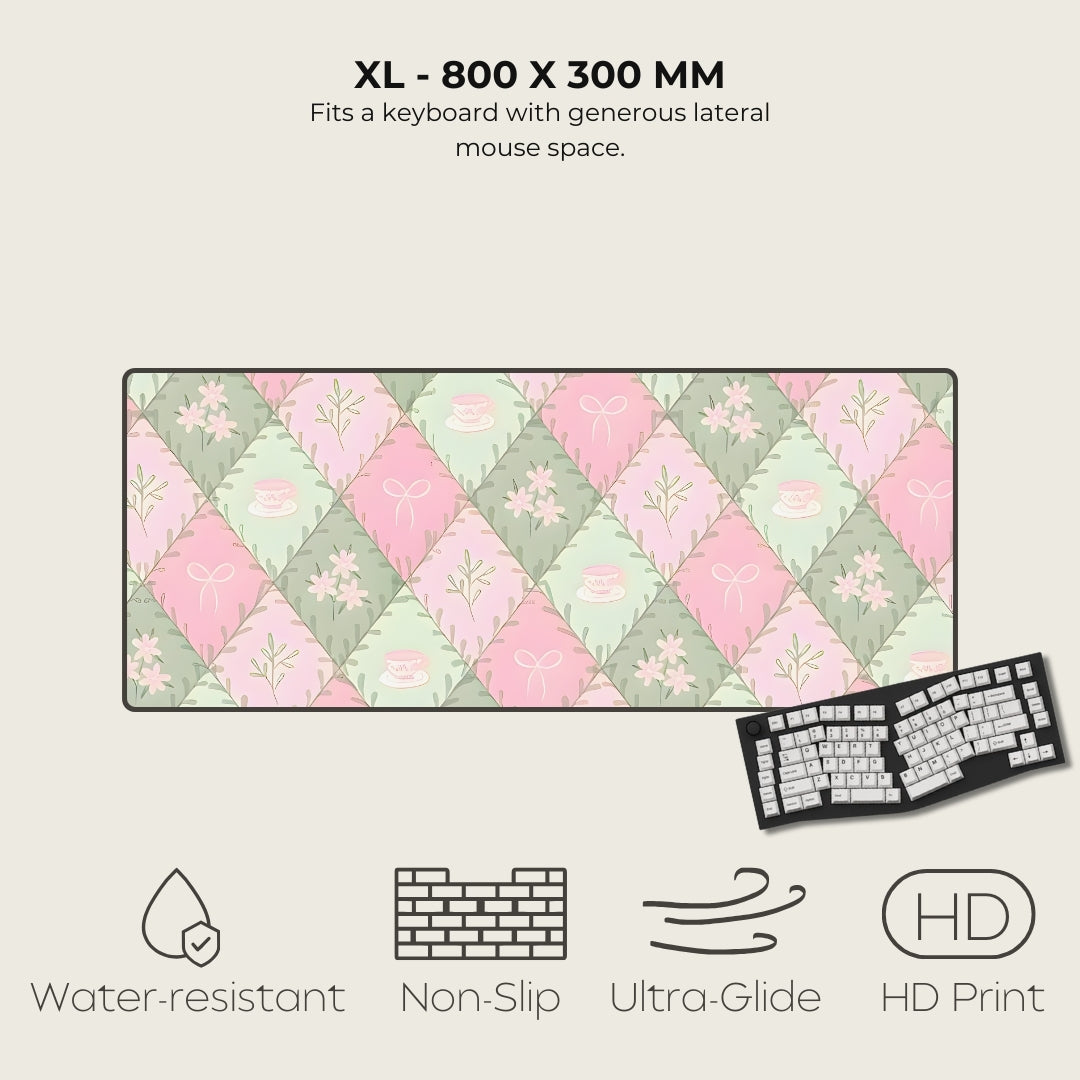 Floral patterned mouse pad with dimensions and features listed on a beige background