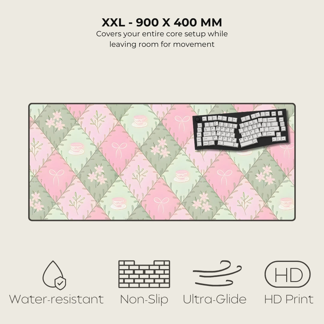 Floral patterned mouse pad with text and icons indicating features on a white background