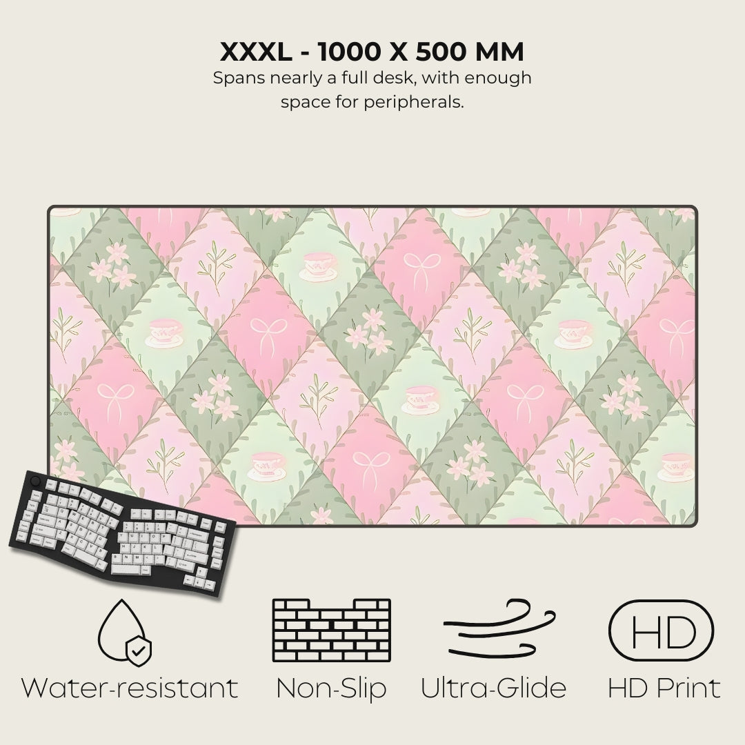 Floral patterned desk mat with product features listed below.