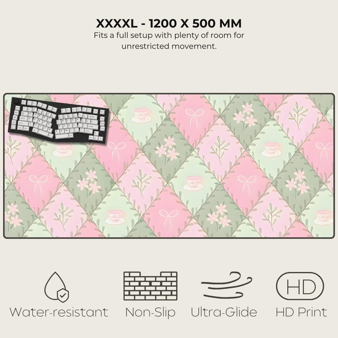 Large mouse pad with floral pattern and keyboard on a white background