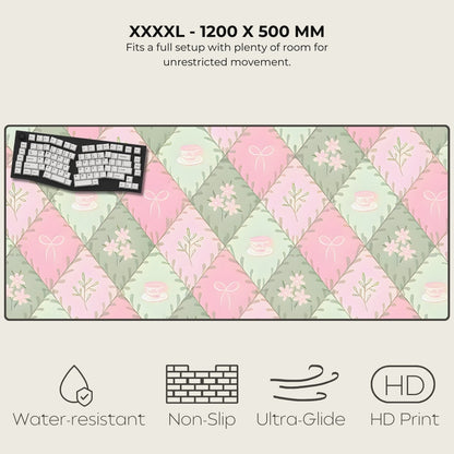 Large mouse pad with floral pattern and keyboard on a white background