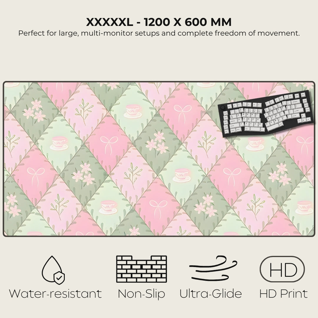 Large mouse pad with floral pattern and keyboard on a white background, featuring text and icons indicating product features.
