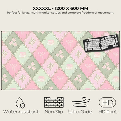 Large mouse pad with floral pattern and keyboard on a white background, featuring text and icons indicating product features.