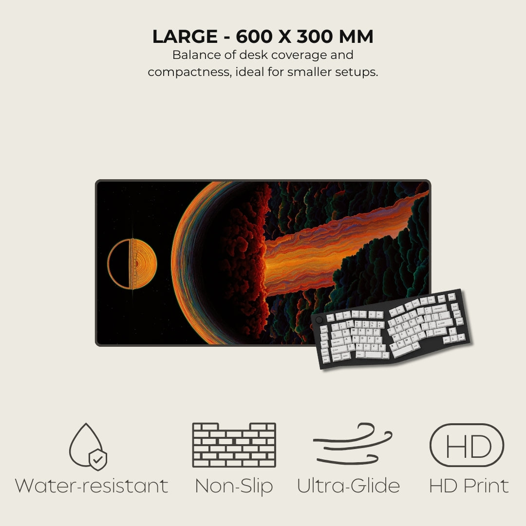 Large desk mat with space-themed design and keyboard, featuring text on size and features.
