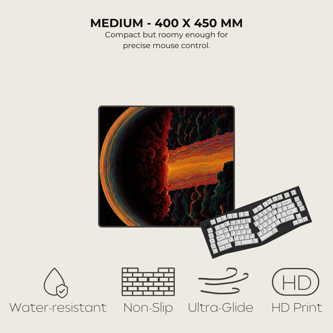 Mouse pad with artistic design and keyboard on a light beige background, featuring text and icons about product features.