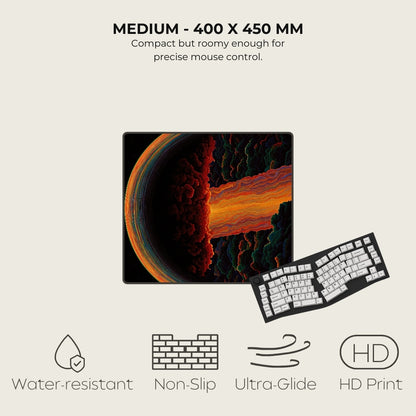 Mouse pad with artistic design and keyboard on a light beige background, featuring text and icons about product features.